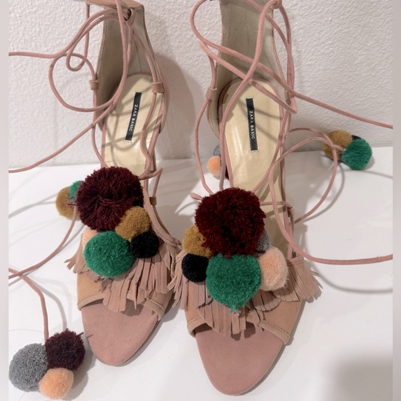 ZARA Suede Leather High Heel Lace Up Sandals With Pompoms - Picture 3 of 6